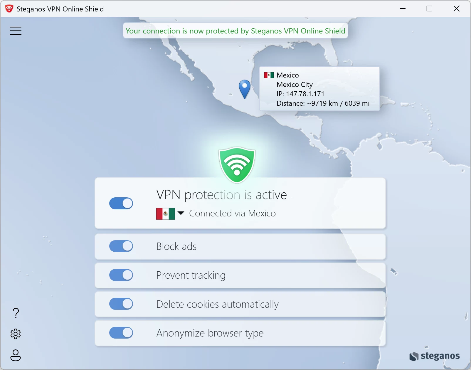 Steganos VPN Online Shield – οι τέσσερις διακόπτες προστασίας στην εφαρμογή Windows